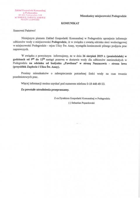 Komunikat - przerwa w dostępie wody w Podegrodziu w dniu 26.08.2019