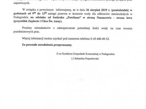 Komunikat - przerwa w dostępie wody w Podegrodziu w dniu 26.08.2019