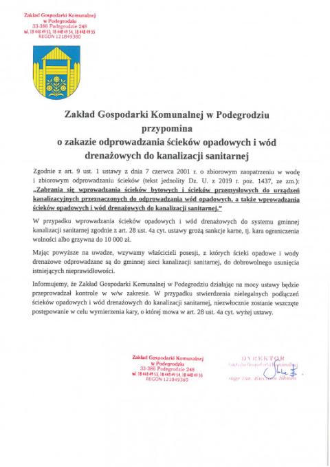 Zakład Gospodarki Komunalnej w Podegrodziu przypomina o zakazie odprowadzania ścieków opadowych i wód drenażowych do kanalizacji sanitarnej