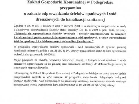 Zakład Gospodarki Komunalnej w Podegrodziu przypomina o zakazie odprowadzania ścieków opadowych i wód drenażowych do kanalizacji sanitarnej