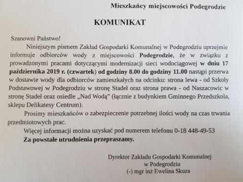 Komunikat - przerwy w dostawie wody