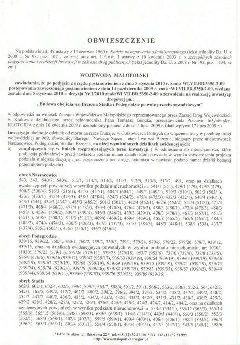 OBWIESZCZENIE w sprawie zezwolenia na relizaję inwestycji "Budowa obejścia wsi Brzezna, Stadła i Podegrodzie"