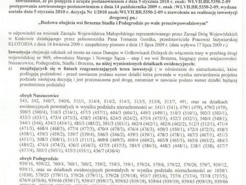 OBWIESZCZENIE w sprawie zezwolenia na relizaję inwestycji "Budowa obejścia wsi Brzezna, Stadła i Podegrodzie"