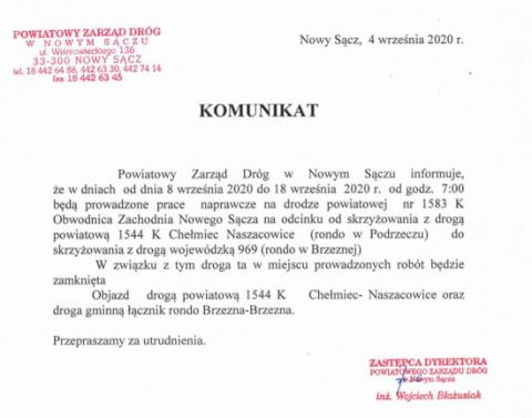 Komunikat o zamknięciu dróg