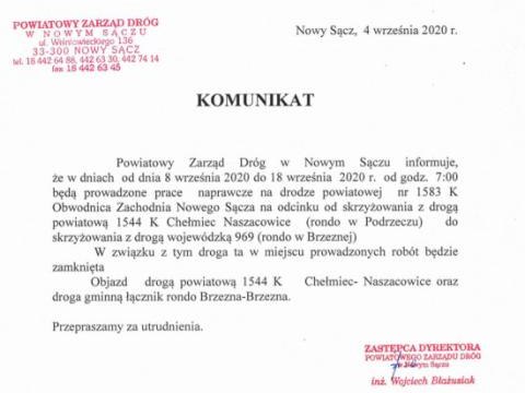 Komunikat o zamknięciu dróg