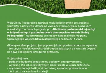 Rozpoczynamy realizację projektu pn. „Obniżenie poziomu niskiej emisji w indywidualnych gospodarstwach domowych na terenie Gminy Podegrodzie