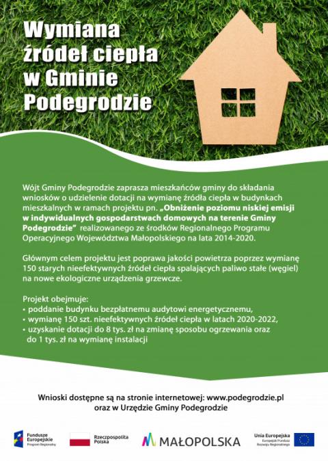 Rozpoczynamy realizację projektu pn. „Obniżenie poziomu niskiej emisji w indywidualnych gospodarstwach domowych na terenie Gminy Podegrodzie"