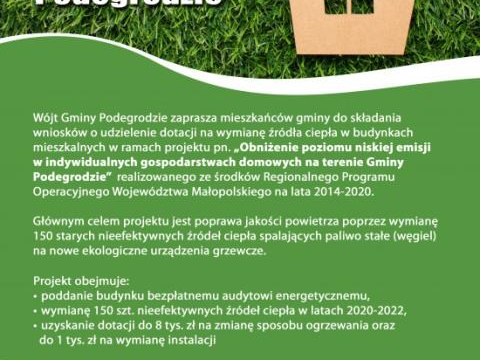 Rozpoczynamy realizację projektu pn. „Obniżenie poziomu niskiej emisji w indywidualnych gospodarstwach domowych na terenie Gminy Podegrodzie"