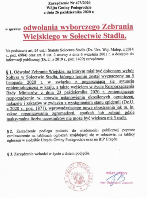 Wyborcze zebranie wiejskie w Stadłach odwołane