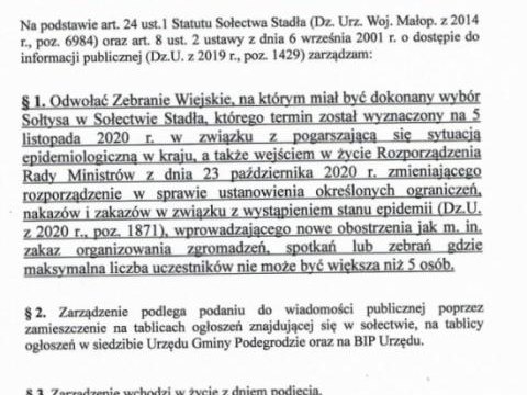 Wyborcze zebranie wiejskie w Stadłach odwołane