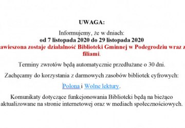 Gminna Biblioteka w Podegrodziu  i jej oddziały zamknięte
