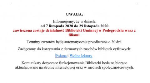 Gminna Biblioteka w Podegrodziu  i jej oddziały zamknięte