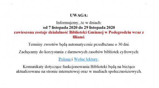 Gminna Biblioteka w Podegrodziu  i jej oddziały zamknięte