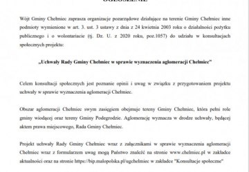 Ogłoszenie - Konsultacje dotyczące projektu uchwały Rady Gminy Chełmiec w sprawie wyznaczenia aglomeracji Chełmiec