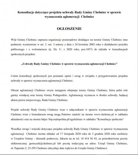 Ogłoszenie - Konsultacje dotyczące projektu uchwały Rady Gminy Chełmiec w sprawie wyznaczenia aglomeracji  Chełmiec