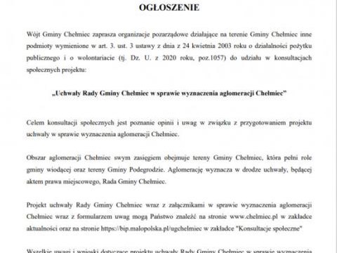 Ogłoszenie - Konsultacje dotyczące projektu uchwały Rady Gminy Chełmiec w sprawie wyznaczenia aglomeracji Chełmiec