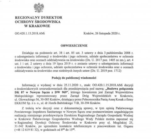OBWIESZCZENIE Regionalnego Dyrektora Ochrony Środowiska w Krakowie.