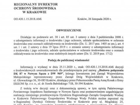 OBWIESZCZENIE Regionalnego Dyrektora Ochrony Środowiska w Krakowie.