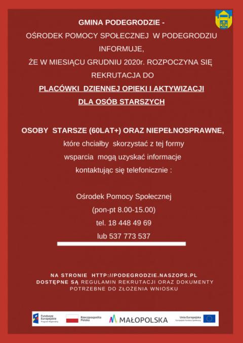 Utworzenie placówki dziennej opieki i aktywizacji dla osób starszych w Gminie Podegrodzie