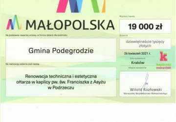 19.000 zł na renowację techniczną i estetyczną ołtarza w kaplicy pw. św. Franciszka z Asyżu w Podrzeczu
