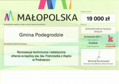 19.000 zł na renowację techniczną i estetyczną ołtarza w kaplicy pw. św. Franciszka z Asyżu w Podrzeczu