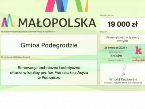 19.000 zł na renowację techniczną i estetyczną ołtarza w kaplicy pw. św. Franciszka z Asyżu w Podrzeczu