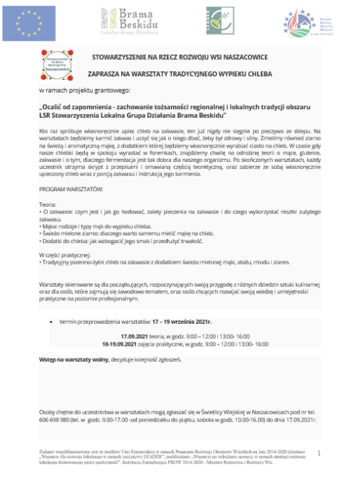 Zaproszenie na warsztaty tradycyjnego wypieku chleba