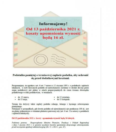 Uwaga!!! Od 13 października zwiększą się koszty upomnienia