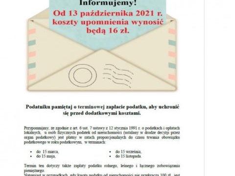 Uwaga!!! Od 13 października zwiększą się koszty upomnienia