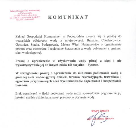 WAŻNY KOMUNIKAT  ZGK