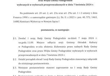 Postanowienie Nr 790/2024 Komisarza Wyborczego w Nowym Sączu I z dnia 23 kwietnia 2024 r. w sprawie zwołania I sesji Rady Gminy Podegrodzie