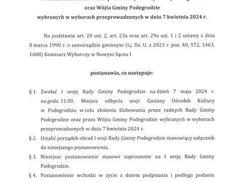 Postanowienie Nr 790/2024 Komisarza Wyborczego w Nowym Sączu I z dnia 23 kwietnia 2024 r. w sprawie zwołania I sesji Rady Gminy Podegrodzie