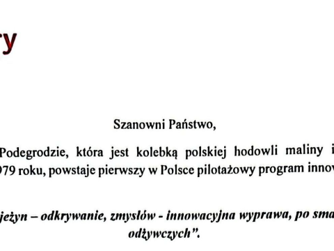 Program Innowacji Pedagogicznej pt. „W świecie malin i jeżyn – odkrywanie, zmysłów - innowacyjna wyprawa, po smakach i wartościach odżywczych”