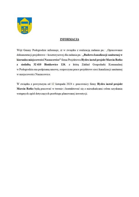Informacja wójta w sprawie Budowy kanalizacji sanitarnej w kierunku miejscowości Naszacowice