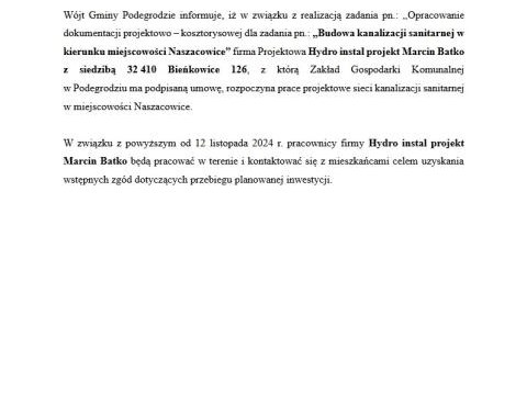 Informacja wójta w sprawie Budowy kanalizacji sanitarnej w kierunku miejscowości Naszacowice