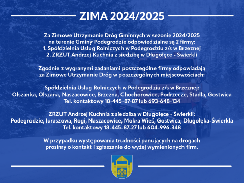 Zimowe Utrzymanie Dróg Gminnych w sezonie 2024/2025 na terenie Gminy Podegrodzie