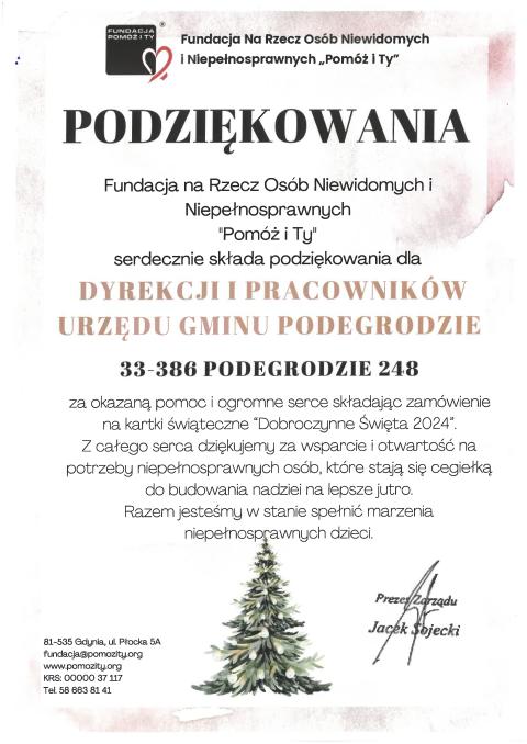Podziękowania Fundacji "Pomóż i Ty"