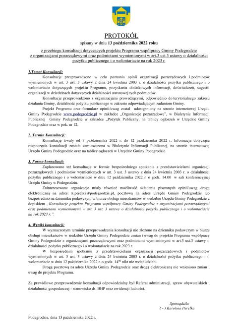 Protokół z przebiegu konsultacji dotyczących projektu Programu współpracy Gminy Podegrodzie  z organizacjami pozarządowymi oraz podmiotami wymienionymi w art.3 ust.3 ustawy o działalności pożytku publicznego i o wolontariacie na rok 2023 r.