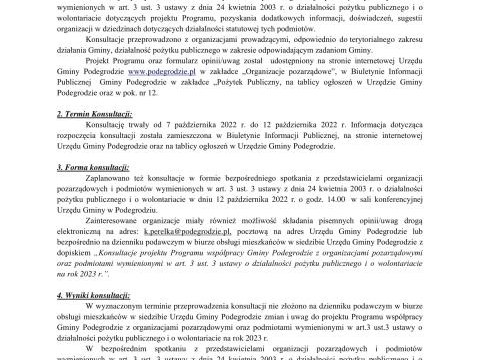 Protokół z przebiegu konsultacji dotyczących projektu Programu współpracy Gminy Podegrodzie  z organizacjami pozarządowymi oraz podmiotami wymienionymi w art.3 ust.3 ustawy o działalności pożytku publicznego i o wolontariacie na rok 2023 r.